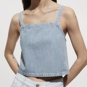 Mango Stripe-Print Denim Crop Top Sleeveless Tank Blue White Small